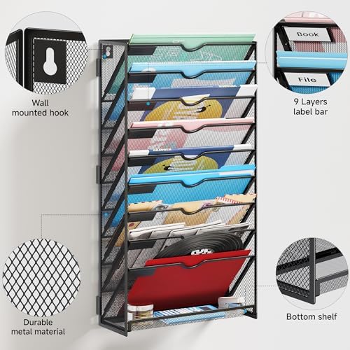 Lavatino 10-Tier Hanging File Organizer, Wall Mount File Holder for Mails Folders Papers Magazine Organization, Vertical Document Organizer for Office Home Black