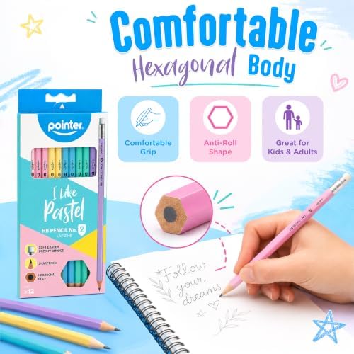Pointer Pastel HB Pencils with Soft Eraser, Hexagonal Body, Pre-Sharpened, Assorted Colors, 12 Count