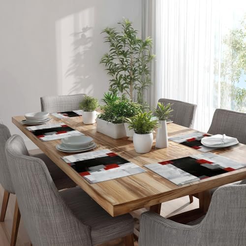 Batmerry Grey Modern Modern Art Linen Placemats Set of 8, Red Art Plaid Washable Table Mats for Kitchen Table Thickened Heat Insulation Dining Set Indoor Outdoor 12X18 in