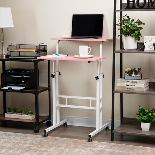 Mind Reader Standing Desk, Adjustable Height Laptop Workstation, Portable Rolling Desk on Wheels, Two-Tier Metal Frame, Pink