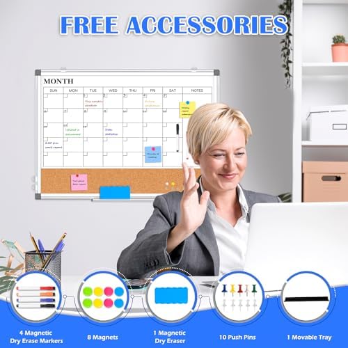 Dry Erase Calendar Whiteboard for Wall, 30" x 20" Monthly Cork White Board