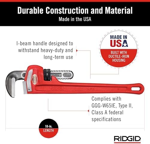 RIDGID 31025 Model 18 Heavy-Duty Straight Pipe Wrench, 18-inch Plumbing Wrench
