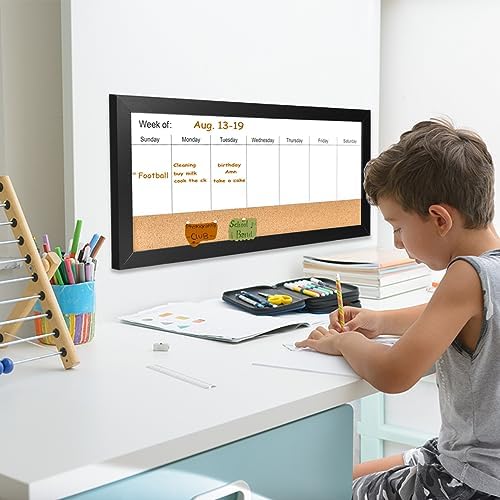 Magnetic Weekly Whiteboard and Cork Board, Black Wood Frame, 24" x 12"