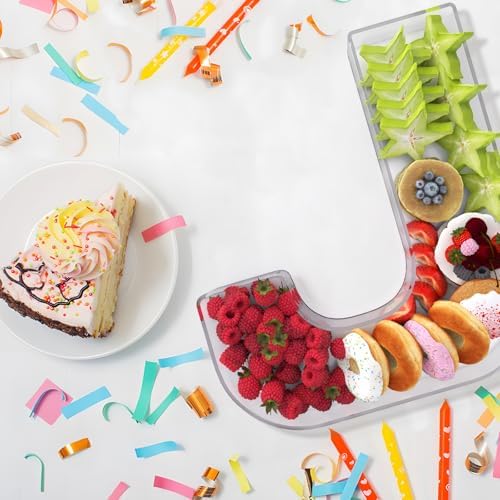 11" Acrylic Letter Charcuterie Box, Reusable Fillable Alphabet Number Shaped Form Tray for Birthday Anniversaries, Party Decorative Serving Plates Display Candy Cake (J)