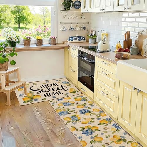 Baccessor Lemon Kitchen Rugs Set of 2, Hydrangea Floral Flowers Kitchen Mats for Spring Summer Floor Hallway Laundry Sink Low-Profile Home Decoration 17x29 and 17x47 Inch