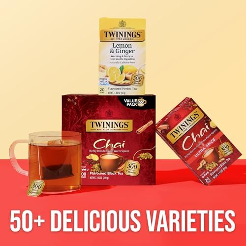 Twinings Chai Black Tea Individually Wrapped Bags, 100 Count (Pack of 1), Richly Blended with Warm Spices, Caffeinated, Enjoy Hot or Iced, 100 Teabags