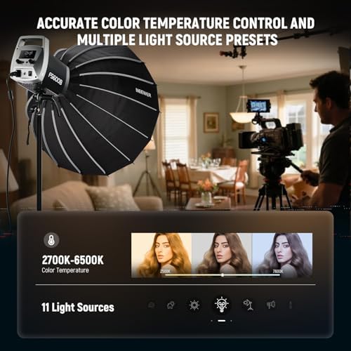 NEEWER 600W LED Studio Video Light 2.4G/APP Control 87100Lux/1m, 2700K-6500K Bi Color COB Continuous Lighting with CRI95+, 12 Scenes, Bowens Mount Spotlight for Photography Recording Streaming, FS600B