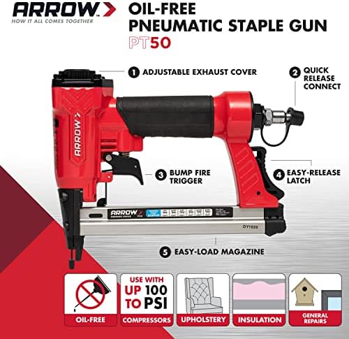 Arrow PT50 Oil-Free Pneumatic Staple Gun, Heavy-Duty Stapler, Red