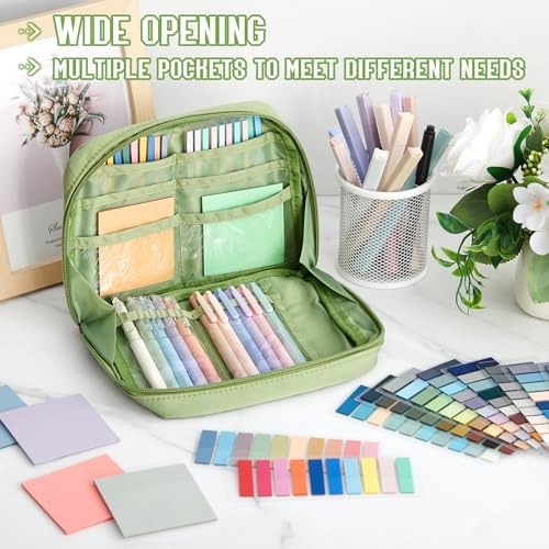 135 Pcs Book Annotation Kit Aesthetic Pencil Case Bag 12 Highlighter 11 Gel Pen 1 Marker 300 Sheet Transparent Sticky Notes Pad 2640 Index Stickers Bible Study Supplies(Kawaii,Green)