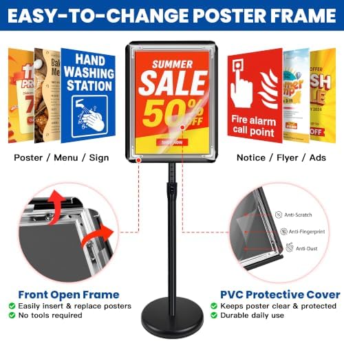 3 Pack 11x17 Inch Sign Holder Stand, Adjustable Pedestal Sign Stand, Heavy Duty Floor Standing Sign Holder, Aluminum Snap Open Frame Poster Stand, Vertical & Horizontal Display (Black)