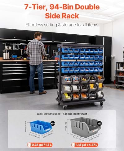 VEVOR 7-Tier Double-Sided Rolling Bin Storage Rack, 94 Plastic Bins, Dual-Sided Parts Organizer with Wheels, Mobile Tool Organizer for Garage, Warehouse, Office, Restaurant, Classroom, Kitchen