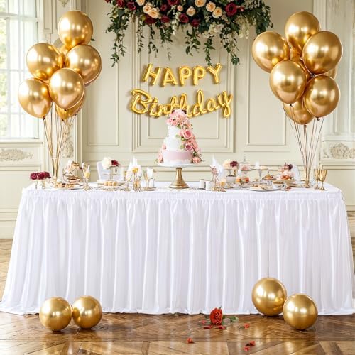 Wish Care 9ft White Satin Table Skirt for Rectangle Tables Wrinkle Free Teacher Desk Skirt Glitter Ruffle Table Skirting Cloth for Back to School Classroom Office Dorm Birthday Party Table Decor