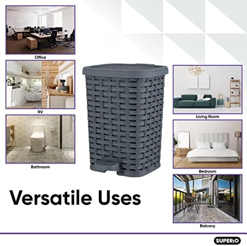 Superio Mini Trash Can with Foot Pedal Small Outdoor Garbage Can with Lid, 1.5 Gallon Plastic Waste Basket for Bathroom, Bedroom, Kitchen, Office, Patio (Wicker Grey 6 QT.), 2 Pack