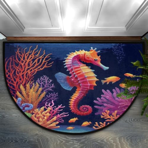Seahorse Colorful Half Round Door Mat Non Slip Washable Semi Circle Area Rug Absorbent Soft Half Moon Rug Floor Mat for Indoor Outdoor Kitchen Bathroom Patio Front Door Mat Decor