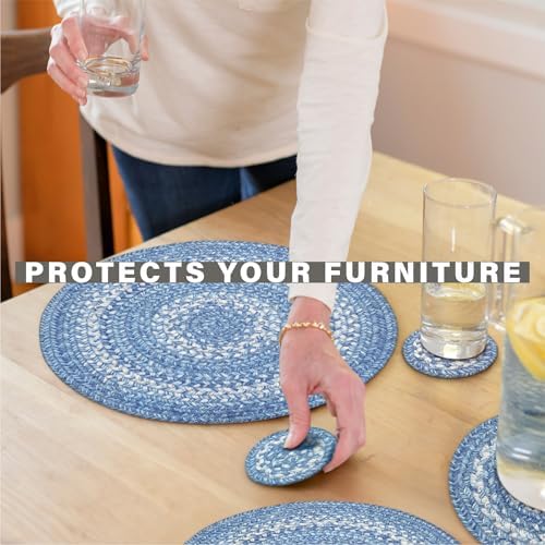 Homespice Denim Braided Placemats for Coastal Decor, Round 15" Set of 6