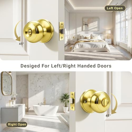 KNOBWELL 5 Pack Privacy Door Knob for Bathroom or Bedroom Door Knobs, Round Interior Door Knobs, Indoor Door Knob, Keyless Door Knob with Lock, Door Handle Lock, Polished Brass