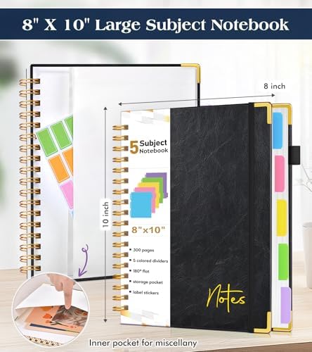 5 Subject Blank Notebook with Removable Dividers Tabs, 300 Pages Hardcover Leather Sketch Book Spiral Journal, 8"x10" B5 Large Sketchbook Notebooks for Women Men Work School Sketching Drawing, Black