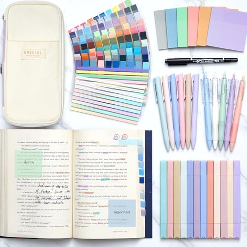 135 Pcs Book Annotation Kit with Pencil Case, 12 Pastel Highlighters, 11 Gel Pens, Fine Marker, 300 Transparent Sticky Notes, 2640 Index Tabs, Bible Study Supplies Kit(Classic,Purple)