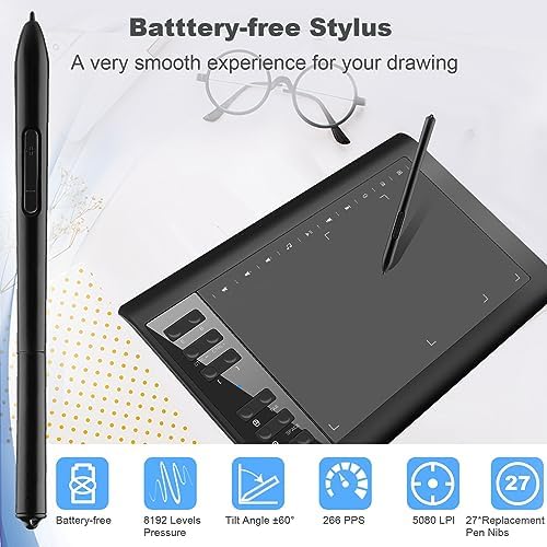 Graphics Drawing Tablet,10x6 inch Digital Writing Tablet with 8192 Levels Stylus for PC/Mac/Android 5.0 and Above with OTG Function for Drawing and Online Teaching