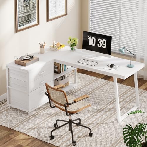 Tribesigns L-Shaped Computer Desk with 3 Drawers, Reversible Corner Home Office Desk with Shelves, 53-Inch Industrial PC Desk Study Writing Table Workstation for Small Space, White