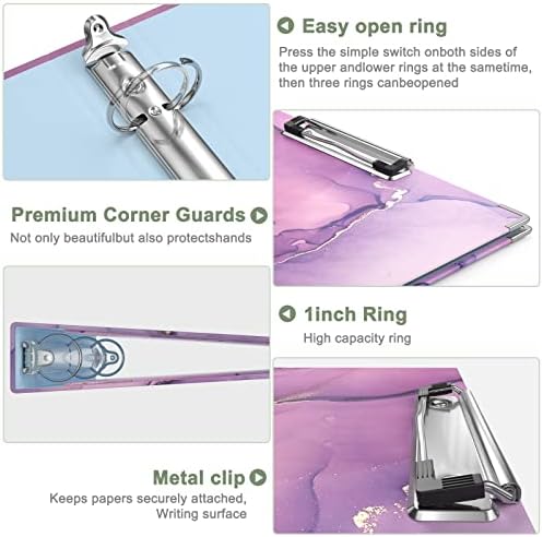 Rouidr 3 Ring Binder with clipboard, 1 inch 8.5 x 11 in Letter Size View Binders Organizer with Dividers Tabs & Clear Sleeves, School Supplies, Office Supplies, Purple Marble