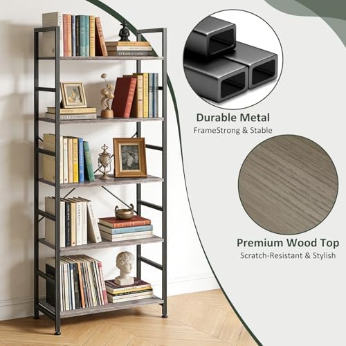 5 Tier Bookshelf, Free Standing Bookcase with Open Storage Shelves