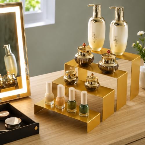 Gonice Display Risers, 8 PCS Gold Cupcake Stand, 4 Sizes Metal Rectangular Display Stand for Collectibles, Perfume, Doll, Vendor Events