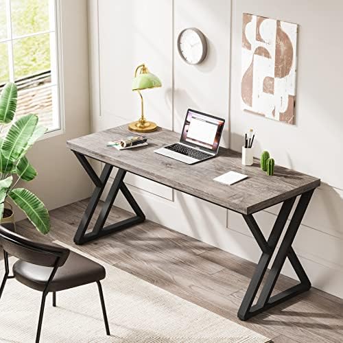 Tribesigns Writing Computer Desk, 55 inch Heavy Duty Study Desk with Z-Shaped Metal Leg, Modern Simple Home Office Computer Desk, Grey