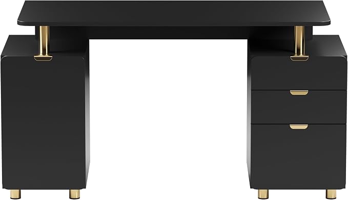 Techni Mobili 57"W Computer Desk w/ 3 Drawers & Storage Cabinet, Black/Gold | Home office workstation, durable construction, everyday productivity, Ideal for home office, Workspace organization