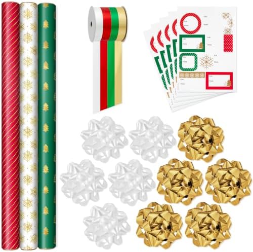 Hallmark Christmas Gift Wrapping Set, 3 Rolls (Gold, Red, Green, White)