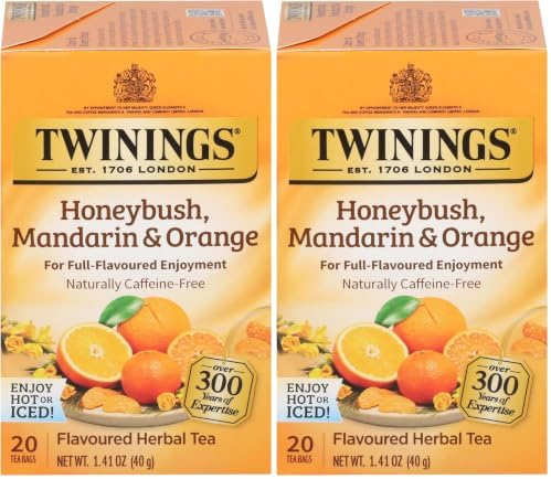 Twinings Honeybush, Mandarin, & Orange Herbal Tea Individually Wrapped Bags, Naturally Caffeine-Free, Enjoy Hot or Iced, 20 Teabags, 20 Count (Pack of 2)