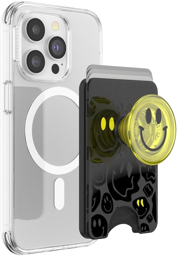 PopSockets Phone Wallet for MagSafe with Grip- All Smiles | PopWallet, Holds 3 Cards, Magnetic, Removable, Secure, Neon Yellow, Electronic Accessories, For iPad/Kindle/iPhone/Android