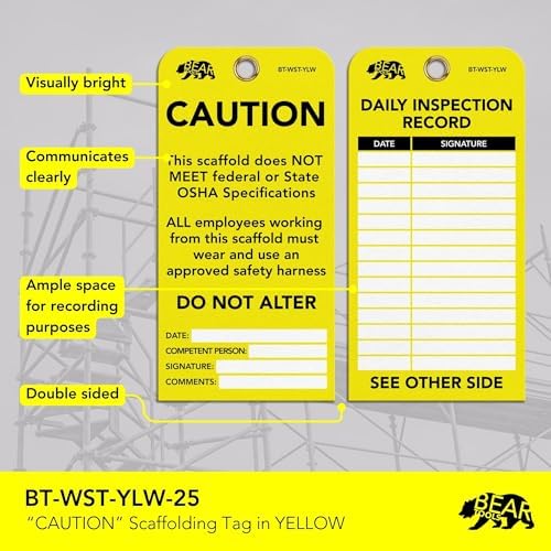BearTOOLS Scaffold Tags Safety Inspection Kit with Cable Ties - Caution Scaffold Status Warning Sign - Laminated 3 x 6 in, Pack of 25 - Weatherproof, Tear-Resistant - Yellow Tags