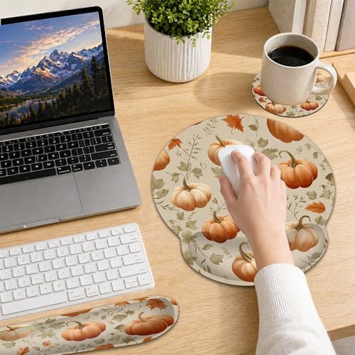 Pumpkin Wrist Rest Support for Mouse Pad Keyboard Set, Autumn Maple Leaves Mouse Pad with Non Slip Rubber Base for Home and Office Typing Support