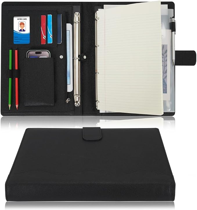 Wonderpool A4 PU Leather 3 & 4 Ring Holder Writing Portfolio Multi Document Case with Removable Binder Clipboard and Functional Pocket for Organizer Office Travel School (Black)