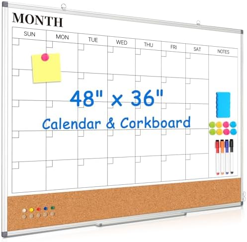 Large Dry Erase Calendar Whiteboard for Wall, 48" x 36" Month White Board
