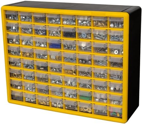 Akro-Mils 64-Drawer Plastic Drawer Storage Cabinet for Garage Organization, Bead Organizer, Building Bricks Storage, Teacher Toolbox, Makeup Organizer, 20-Inch W x 6-Inch D x 16-Inch H, 10164 Yellow