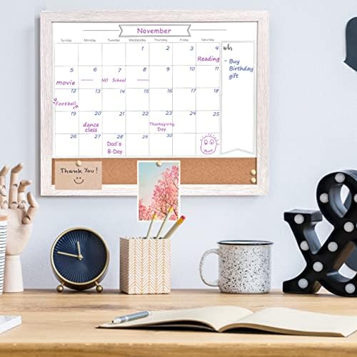 Dry Erase Calendar Whiteboard for Wall, Combination Magnetic Dry Erase White Board & Bulletin Board, 13" x 17" White Wood Framed Calendar/Cork Combo Board,Including 8 Markers and 1 Eraser(WH-3343+1)