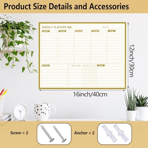 Gold Weekly Dry Erase Board for Wall,12"x16",Gold Metal Frame Weekly Planner Whiteboard for to Do List, Memo, School, Home, Office, Kitchen-GZ