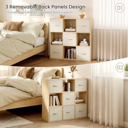 EXPERLAM 9 Cube Storage Organizer - Solid Wood Bookshelf with 5 Storage Bins, Cube Shelf with 3 Removable Back Panels, Vertical or Horizontal Bookcase, Open Book Shelf for Bedroom, Living Room, Office