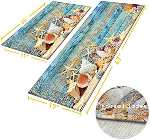 Beach and Nautical Kitchen Rugs for Floor 2 Piece Set, Wood Grain Ocean Coastal Beach Kitchen Rug, Nautical Kitchen Mat in Front of Sink for Standing for Kitchen Decor 17"X30"+17"X47"