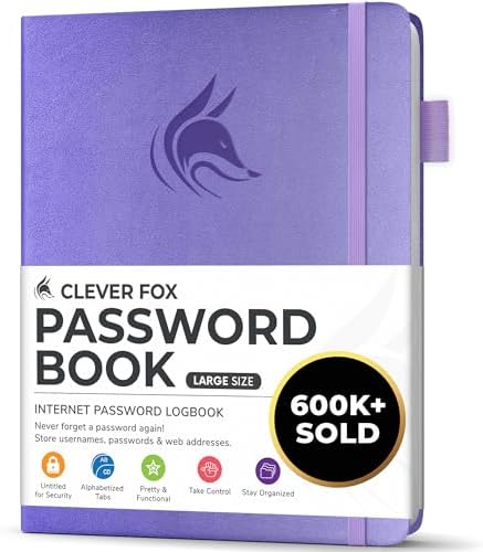 Clever Fox Password Book with Alphabetical Tabs, 7"x10" Keeper Lavender