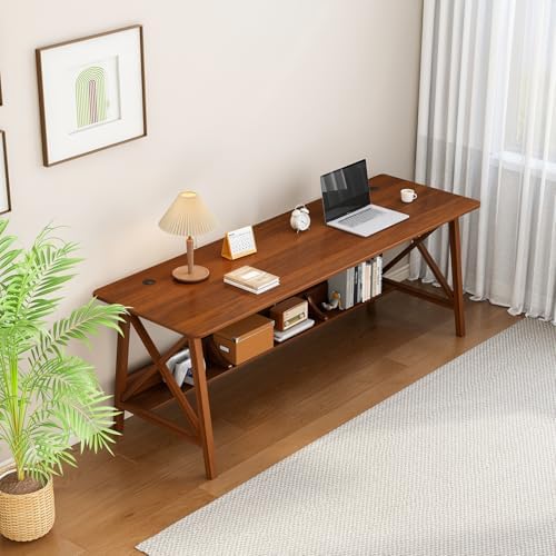 NELYE Extra Long Writing Desk with Bookshelf, 71" Wx24 Dx30 H, Walnut