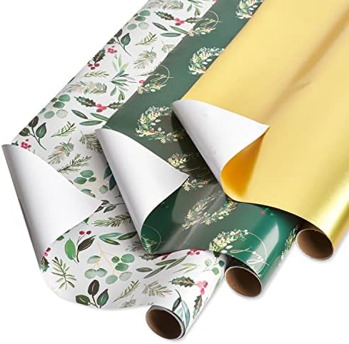 Papyrus Wrapping Paper Rolls for Christmas, Hanukkah and All Holidays, Holly, Wreath, Gold (3 Rolls, 67.5 sq. ft.)