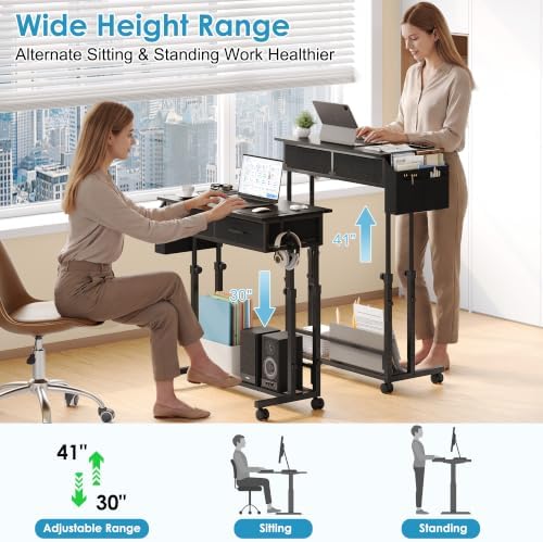 Small Standing Desk with Storage, Height Adjustable Sit Stand Desk with Drawers, Mobile Office Desk with Wheels and Side Pocket, Adjustable Laptop Workstation for Home Office
