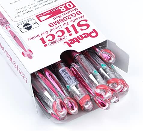 Pentel Arts Slicci Metallic 0.8 mm Needle Tip Gel Pen, Metallic Red Ink, Box of 12 (BG208-MB)