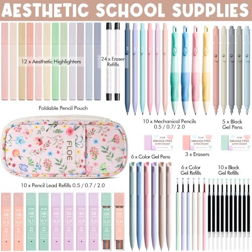 65PCS Aesthetic School Supplies Back to School Supplies Cute Stationary Set | College Essentials Kit with Pencil Case, Pastel Highlighters Gel Pens Mechanical Pencil Set 0.5 0.7 & 2.0mm for Student Girls