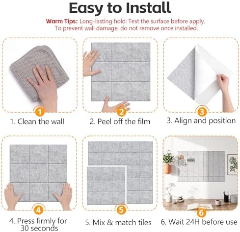 36" x 24" Large Black Cork Board Alternative - 6 Pack Felt Bulletin Board with 30 Push Pins, Felt Wall Tiles Pin Board for Walls Office Home School Decor, Aesthetic Cork Squares, Light Gray