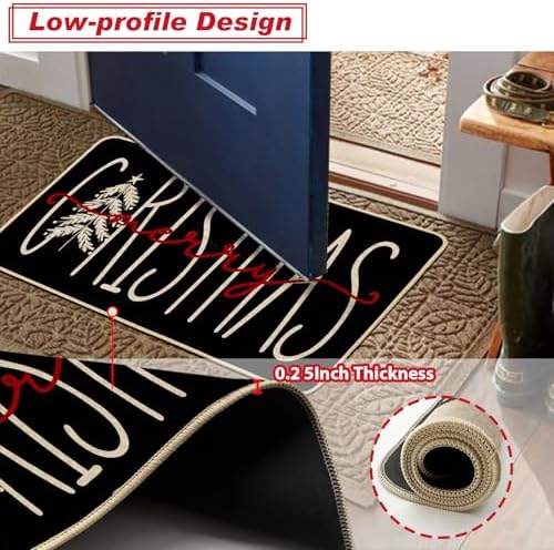 Baccessor Christmas Kitchen Rugs Set of 2, Black Christmas Trees Kitchen Mats for Floor Hallway Laundry Sink Low-Profile Winter Holiday Home Decor 17x29 and 17x47 Inch
