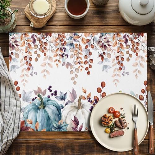 Fall Thanksgiving Placemats Set of 4, Watercolor Pumpkins Eucalyptus Leaves Heat Resistant Washable Linen Table Place Mats Party Holiday Decor for Home Kitchen Dining Outdoor Indoor, Blue Orange